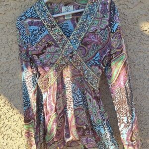 Colorful Paisley Beaded V-Neck Top